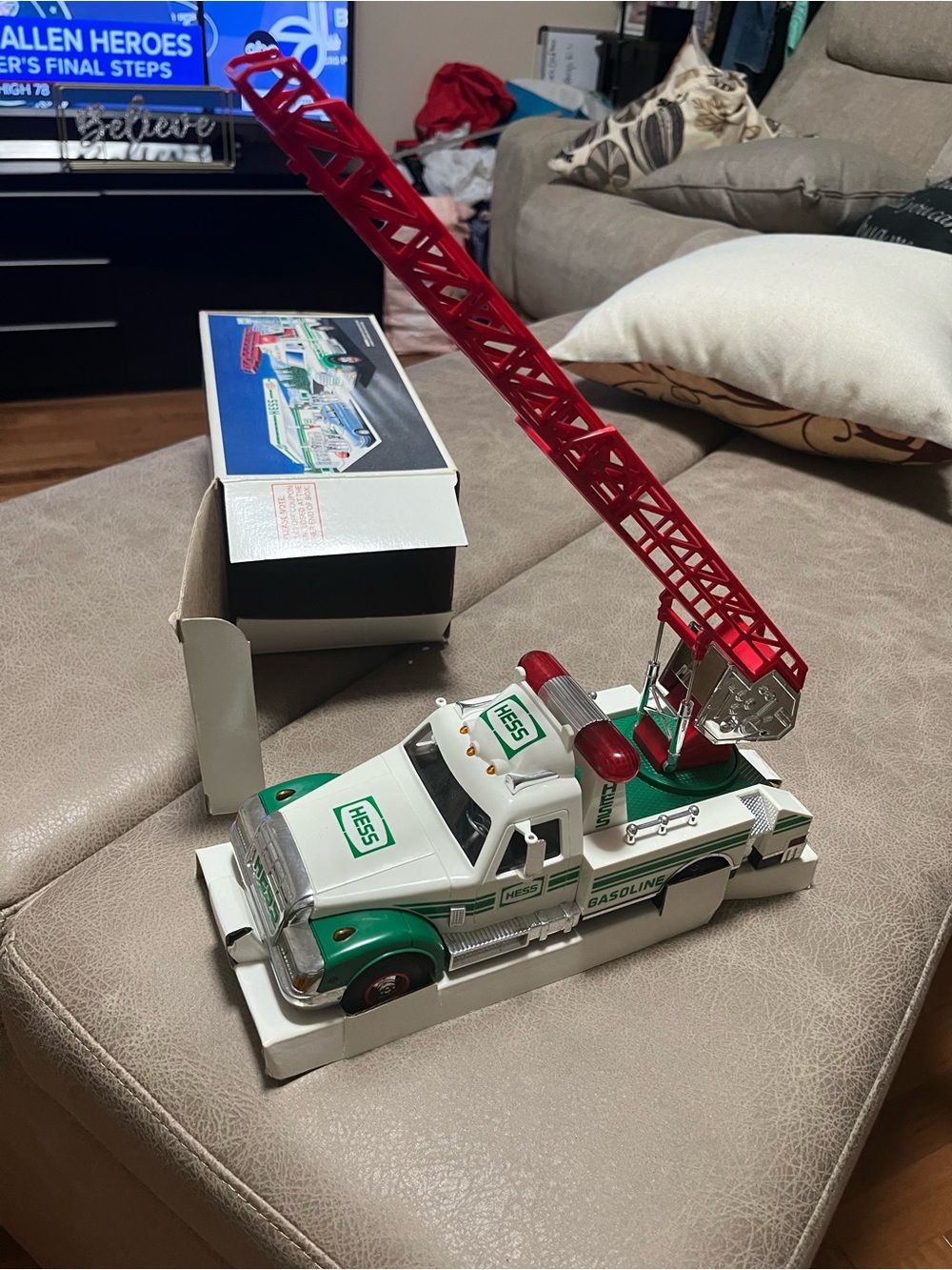 Hess Kids Fire Ladder Truck Toy - White & Green with Red Ladder